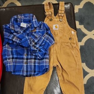 Carhartt Kids Brown Overalls SET With FLANNEL SIZE 12 months